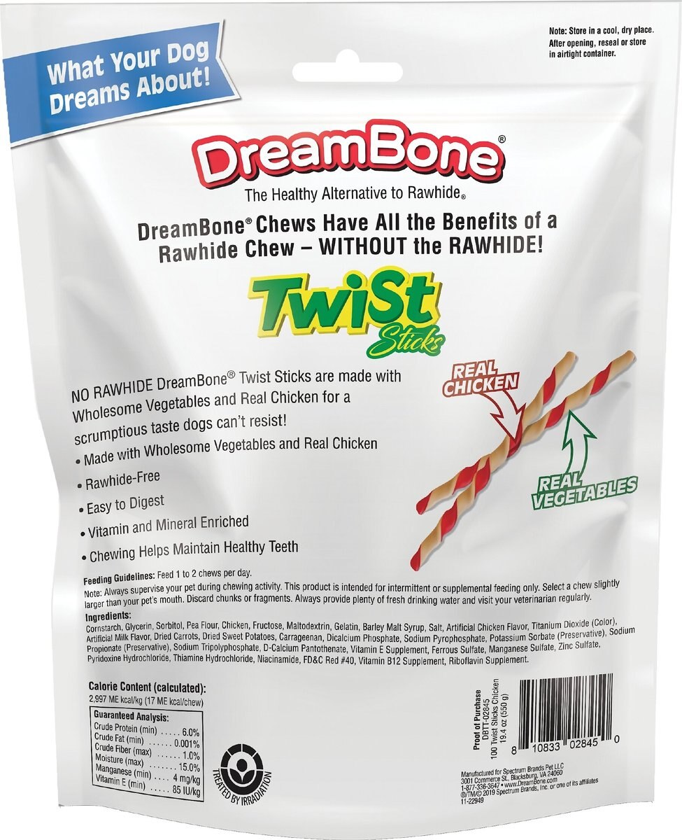 DreamBone Twist Sticks 100 Count， Rawhide-Free Chews Real Chicken Dog Treats， 100 count