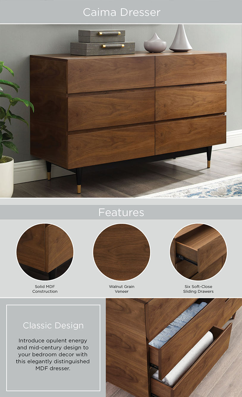 Caima 6-Drawer Dresser, Walnut