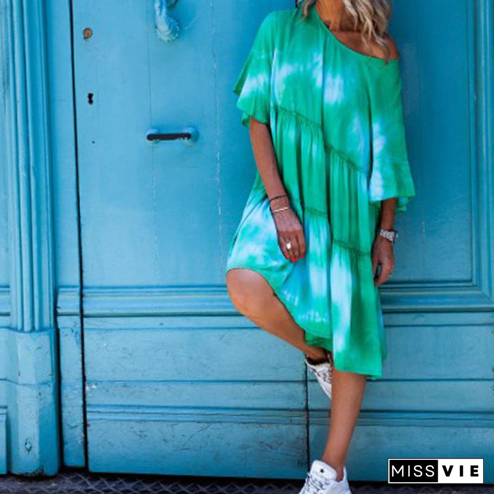 Off Shoulder Tie Dye Loose Casual Midi Dress