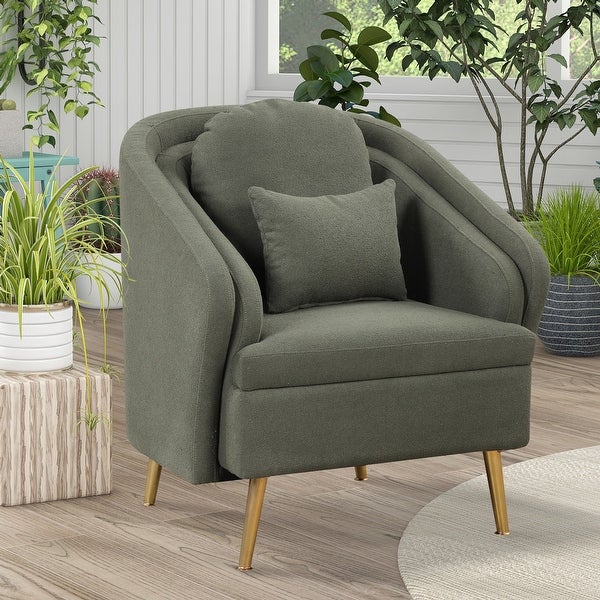 Modern Living Room Accent Chair Velvet Arm Chair Upholstered Barrel Chair Metal Leg Club Chair with Lumbar Pillow， for Bedroom