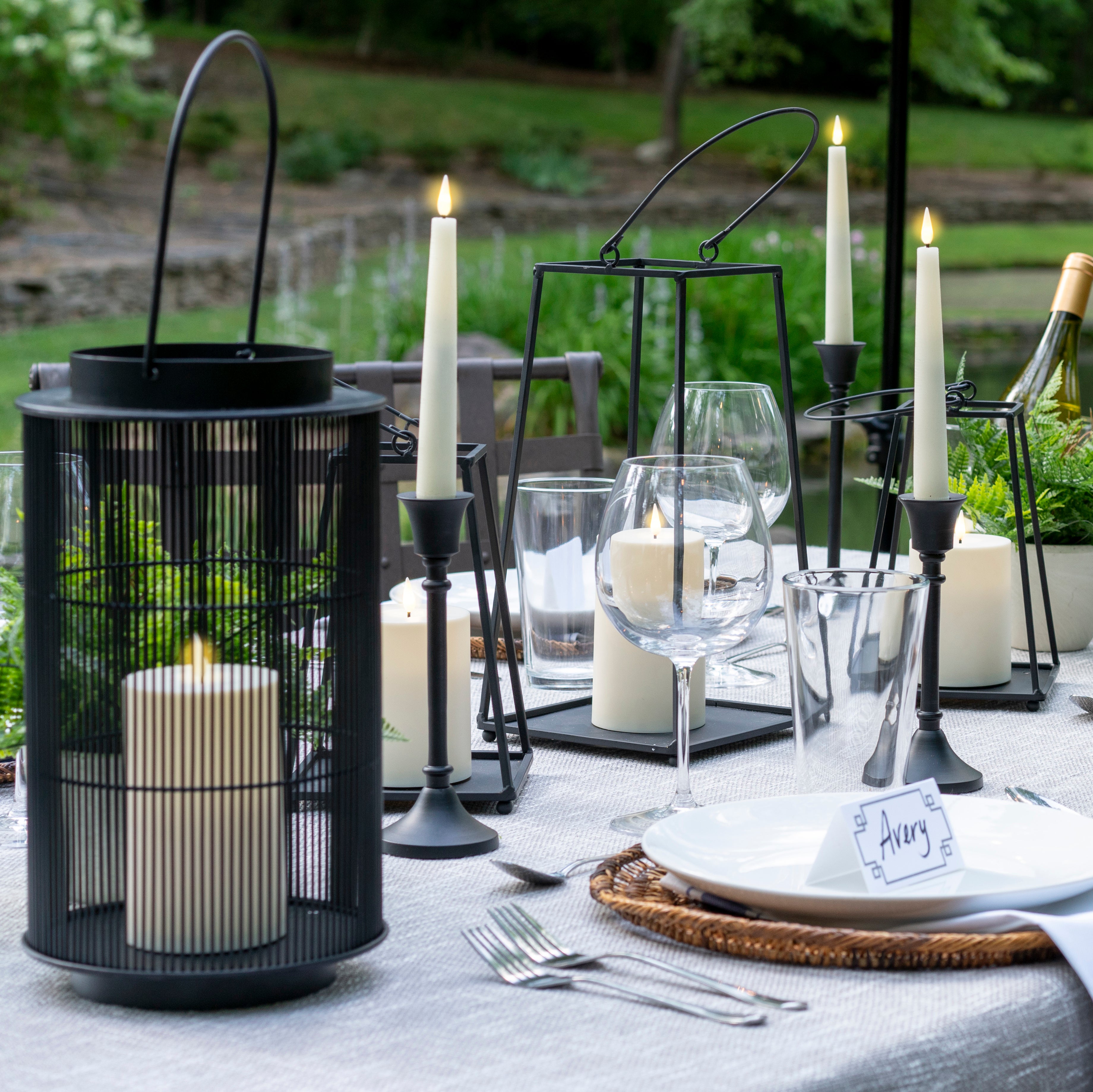 LampLust Indoor Outdoor Black Lantern with Flameless LED Candle， Medium - 1 Medium Black Metal Lantern with Weatherproof Flameless Candle， Batteries， and Timer Included