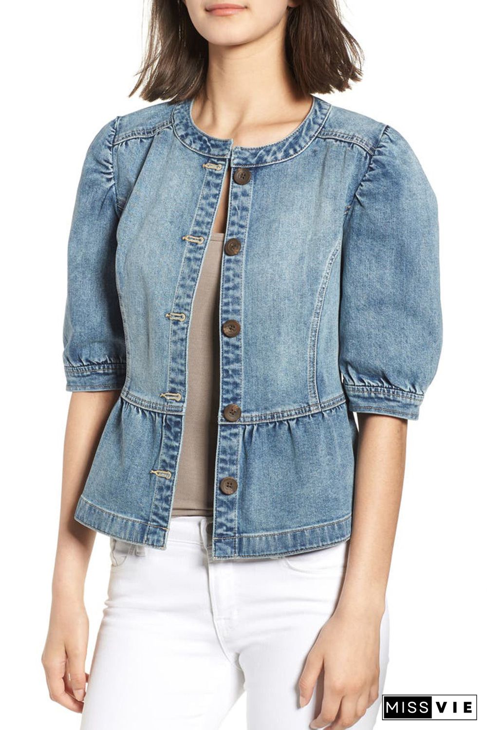 Sky Blue Half Sleeves Peplum Denim Jacket