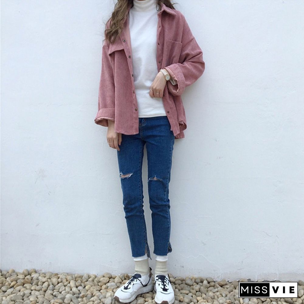 Women Vintage Spring Autumn Loose Shirts Korean Style Solid Color Blouse Long Sleeve Corduroy Coat