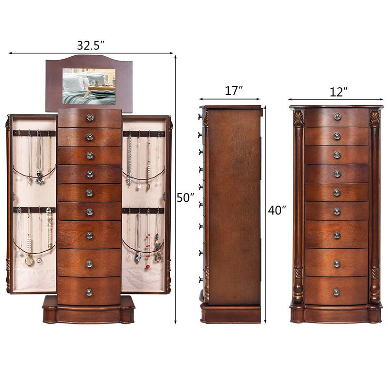 Dark Walnut Large Standing Jewelry Armoire Cabinet with 8 Drawers & 2 Swing Doors, 16 Hooks, Top Mirror Boxes