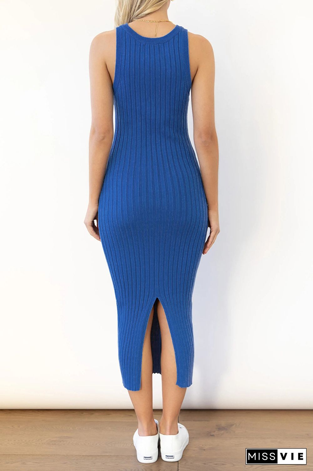 Plain Rib Knit Split Sleeveless Midi Dress