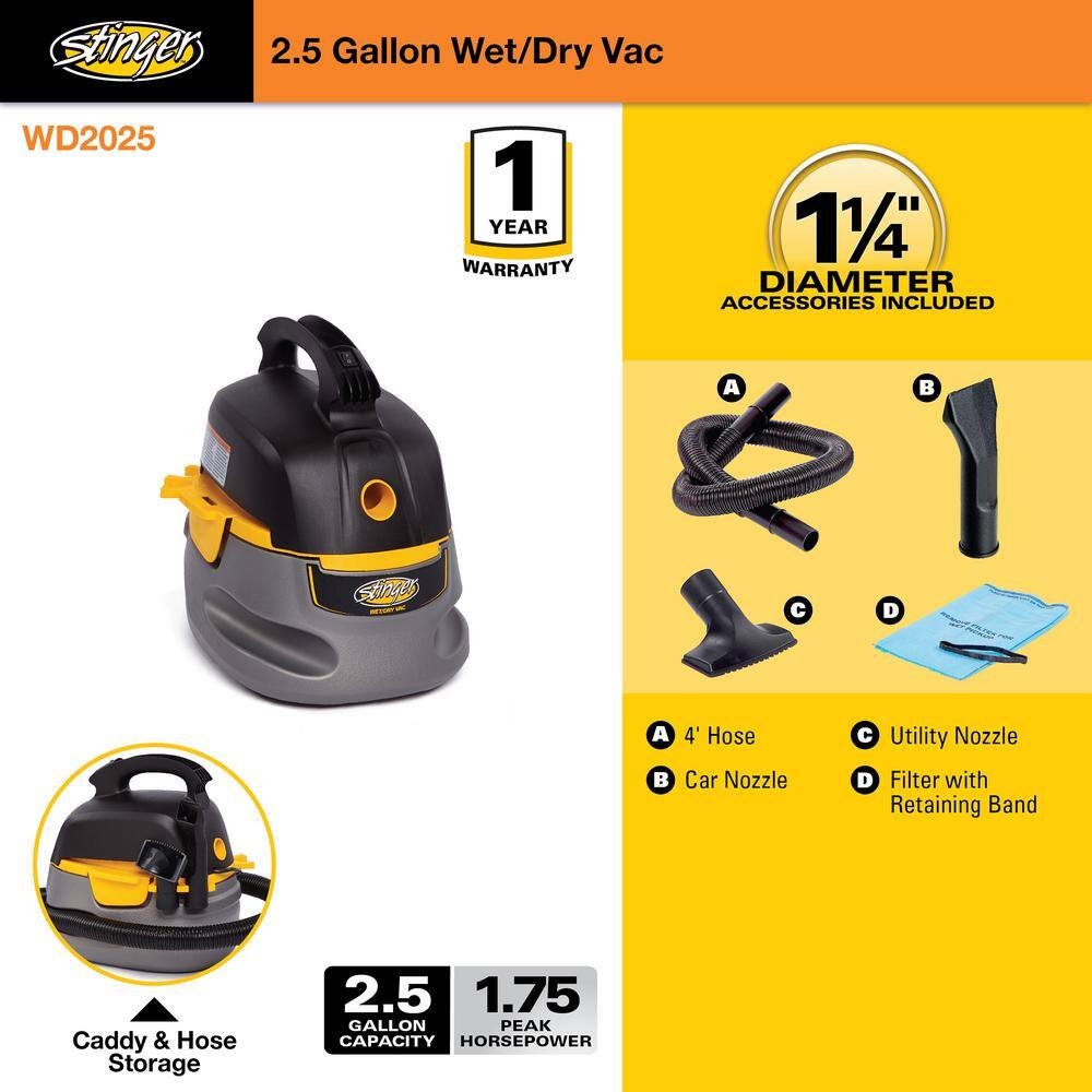 Stinger 2.5 Gallon 1.75 Peak HP Compact WetDry Shop Vacuum with Filter Bag Hose and Accessories HD2025