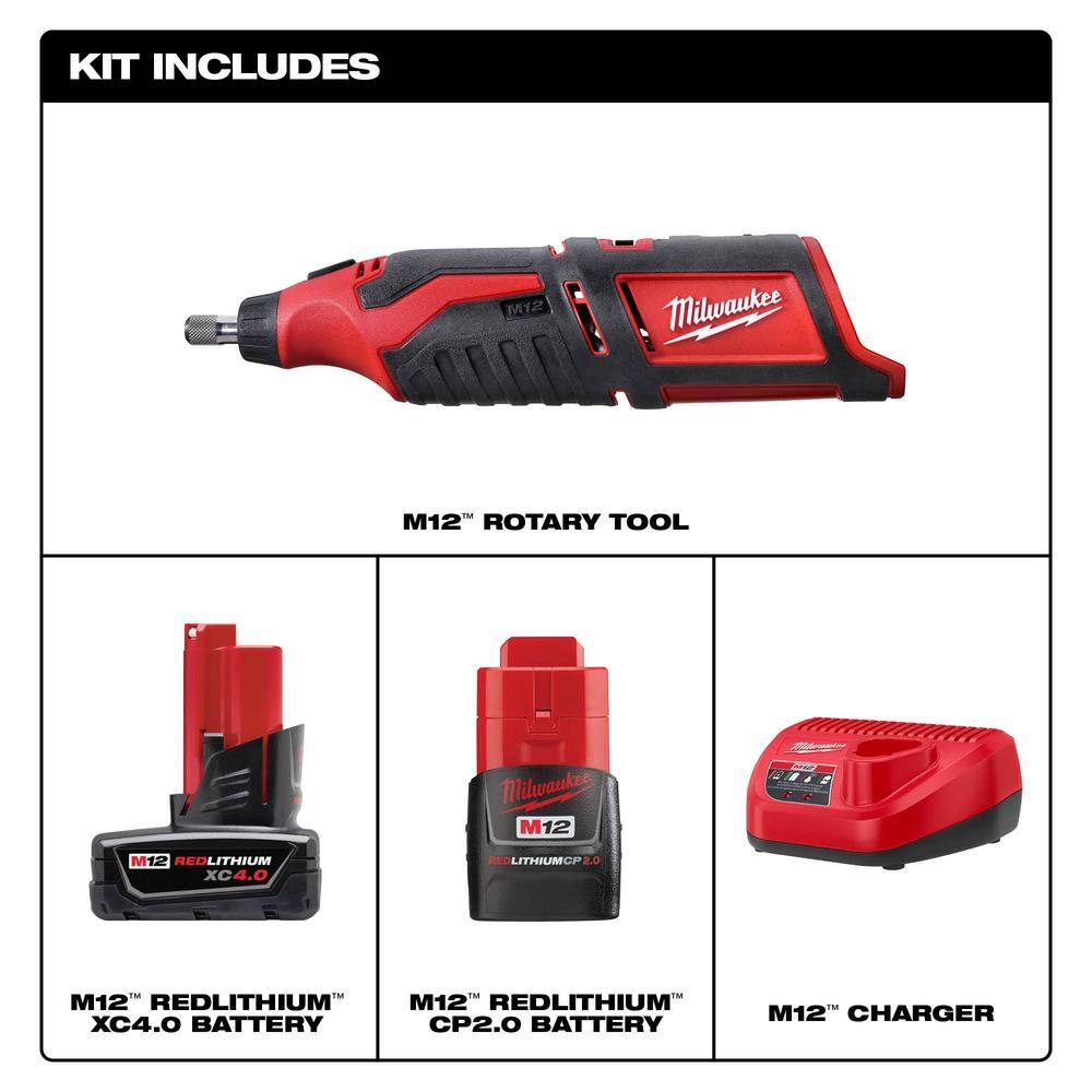 MW M12 12V Lithium-Ion Cordless Rotary Tool with One M12 4.0 Ah and One M12 2.0 Ah Battery Pack and Charger 48-59-2424-2460-20