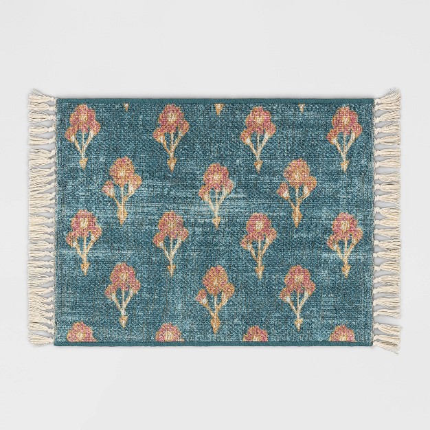 Floral Block Printed Blue Rug Blue