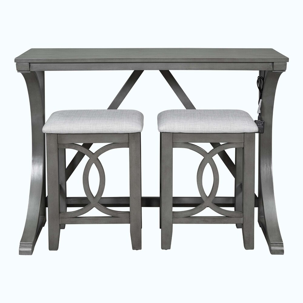 Farmhouse 3 Piece Counter Height Dining Table Set with USB Port and Upholstered Stools