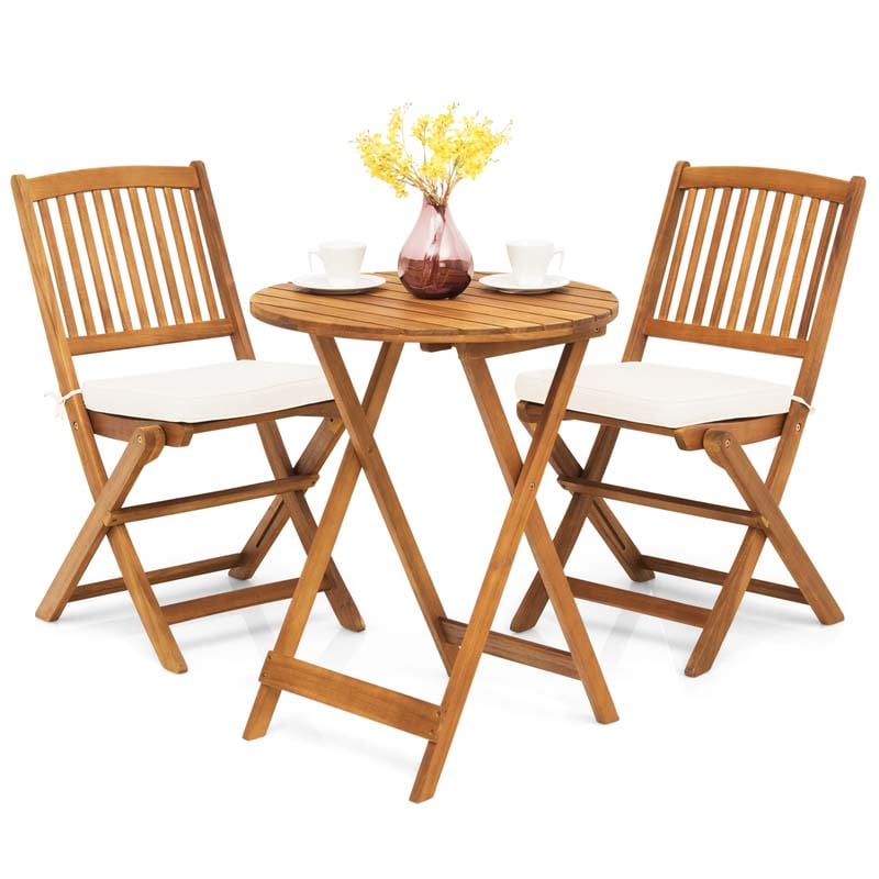 3 Pcs Acacia Wood Patio Folding Bistro Set Outdoor Chair Table Set with Padded Cushion & Round Coffee Table