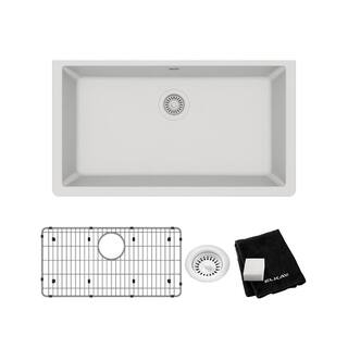 Elkay Quartz Classic White Quartz 33 in. Single Bowl Undermount Kitchen Sink with Bottom Grid and Drain ELGRU13322WH0C