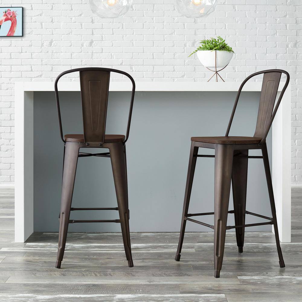 StyleWell Finwick Matte Gunmetal Backed Bar Stool with Dark Wood Seat (Set of 2) CW827A-29-GMM