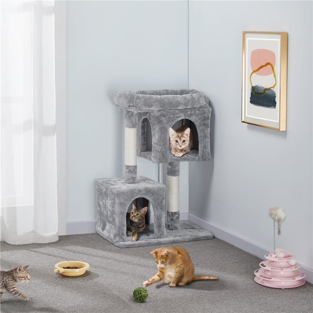 SMILE MART Multilevel Small Space Cat Tree with Condos， Light Gray