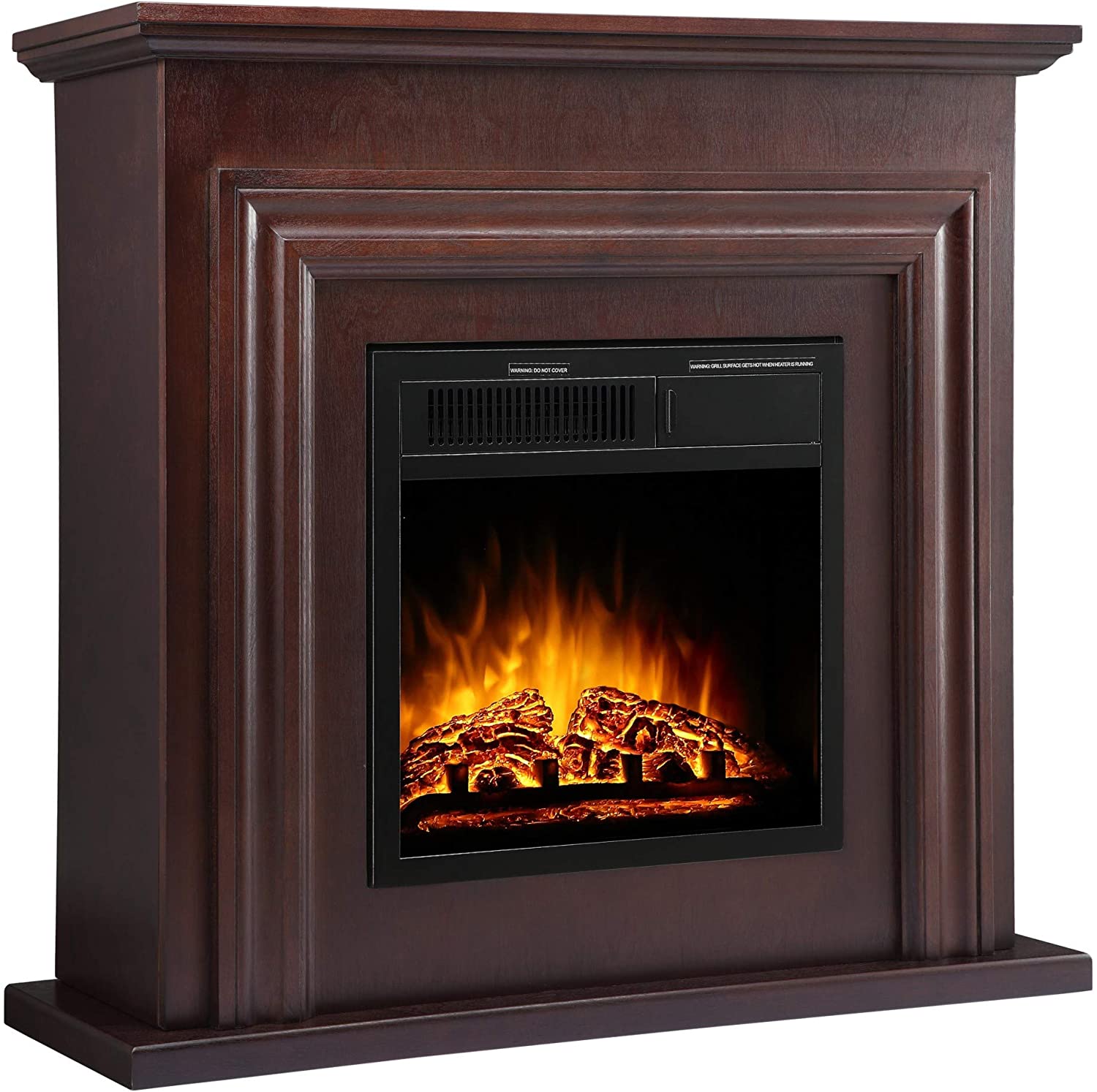 AGLUCKY Electric Fireplace Freestanding Brown Wooden Mantel Firebox with Logs Heater