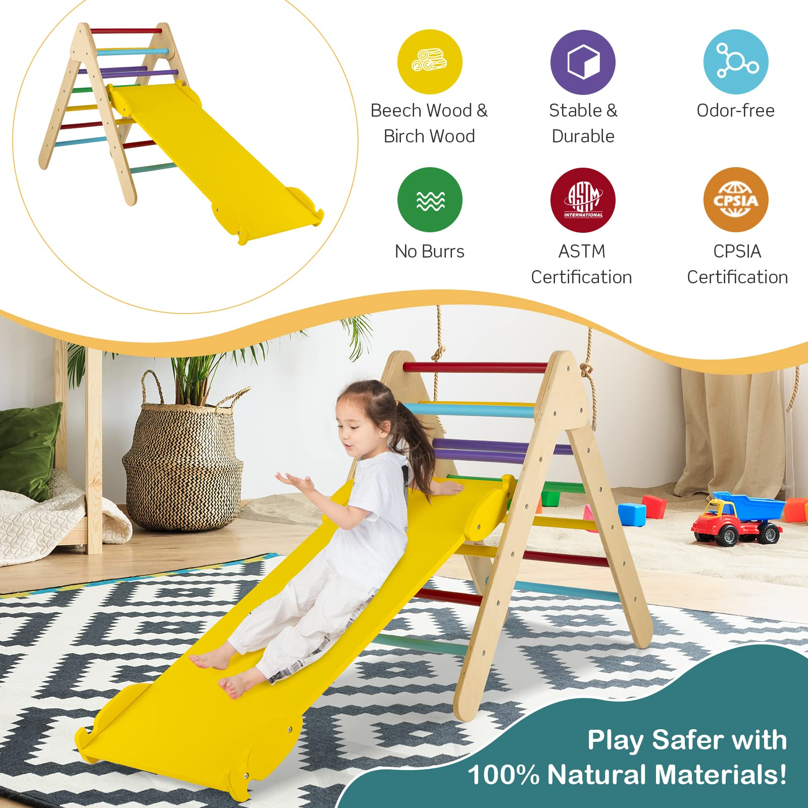 Costzon Wooden Climbing Toys for Toddlers, 3 in 1 Montessori Triangle Climber with Adjustable Angle Ramp for Climb & Slide