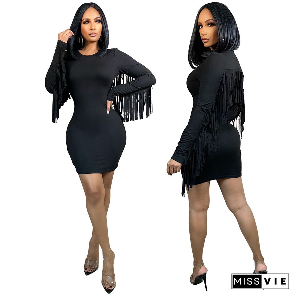 Solid Long Sleeve Tassel Bodycon Pencil Dress