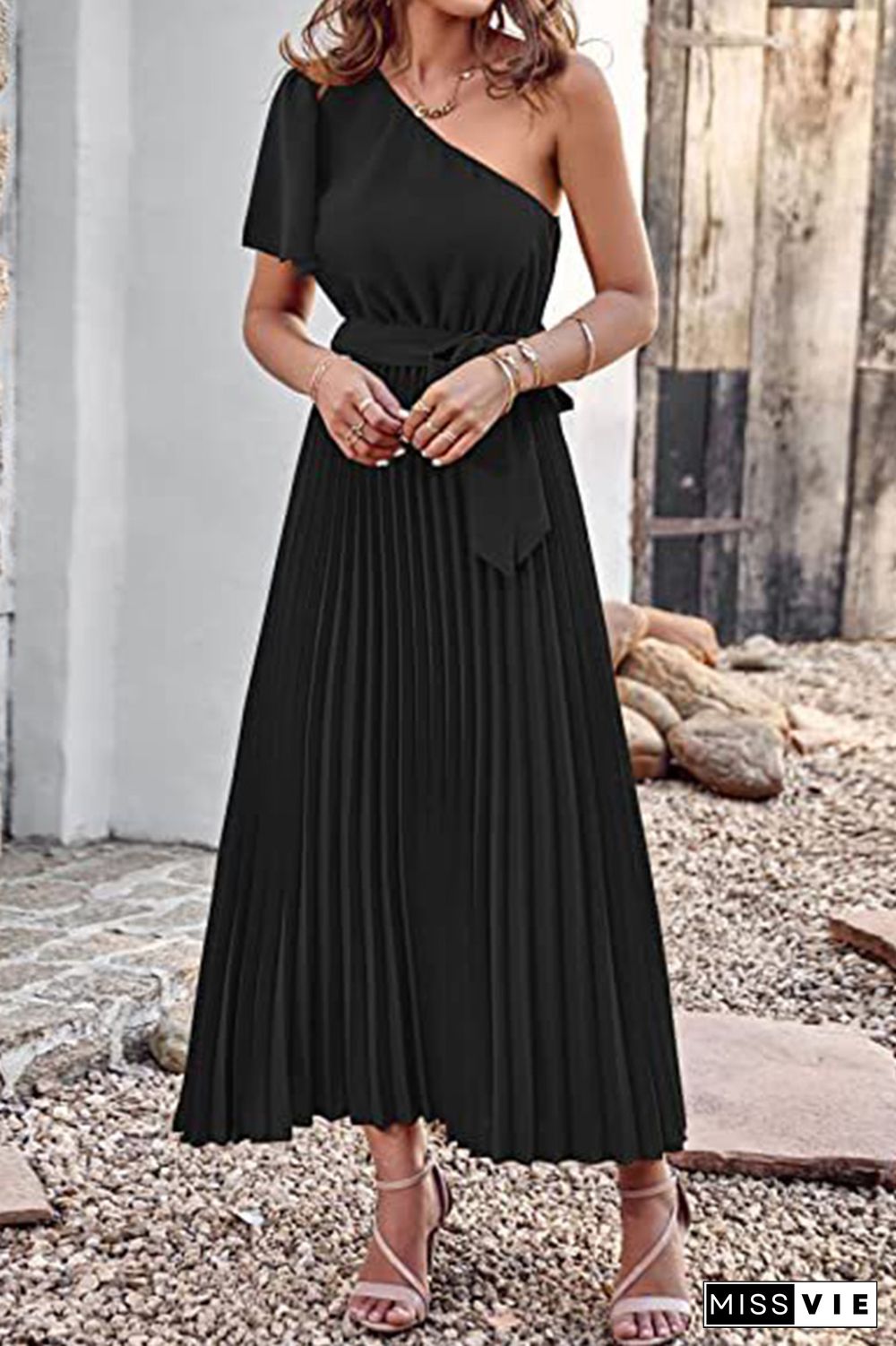 One SHoulder Short Sleeve Smock Maxi Dress