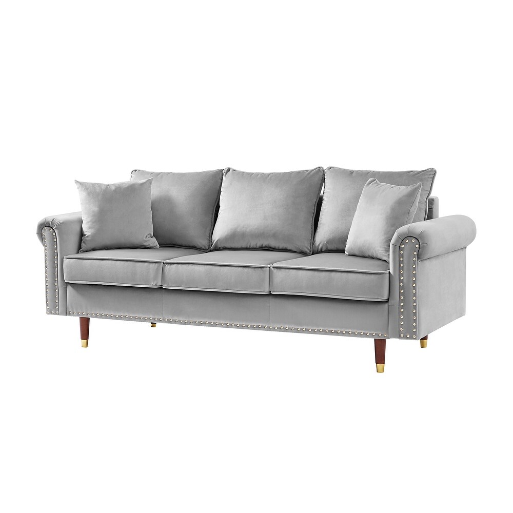 Velvet Sofa Couch With 2 Pillows  Modern 3 Seater Sofa With Wood Legs For Living Room And Bedroom