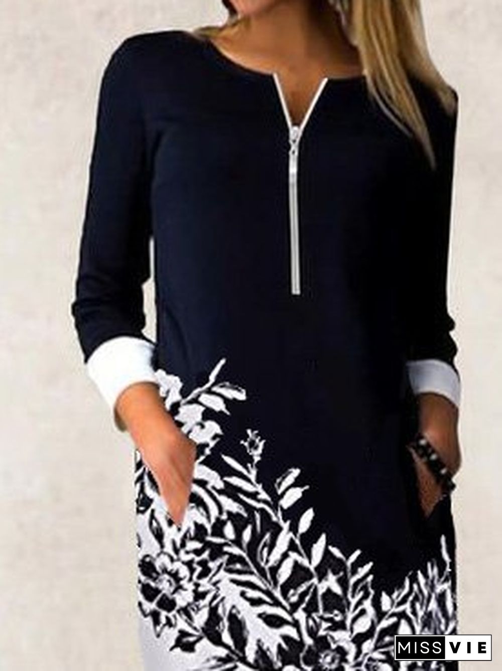 Zipper collar patchwork print long sleeve dress