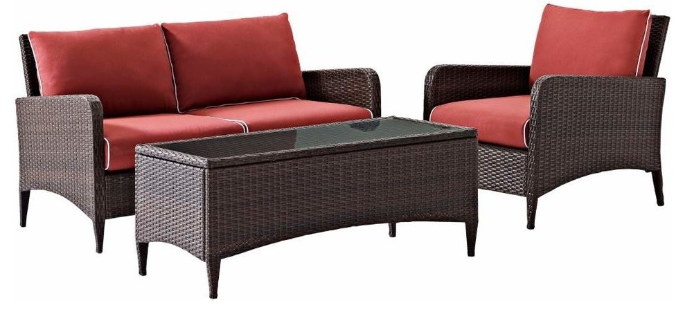 Kiawah 3 Piece Outdoor Wicker Seating Set With Sangria Cushions   Tropical   Outdoor Lounge Sets   by Homesquare  Houzz