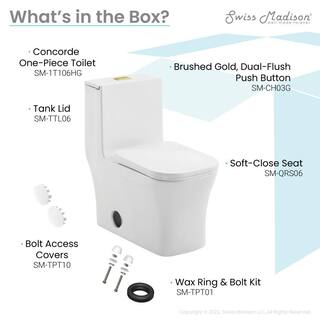 Swiss Madison Concorde 1-piece 1.11.6 GPF Dual Flush Square Toilet in Glossy White with Brushed Gold Hardware Seat Included SM-1T106HG