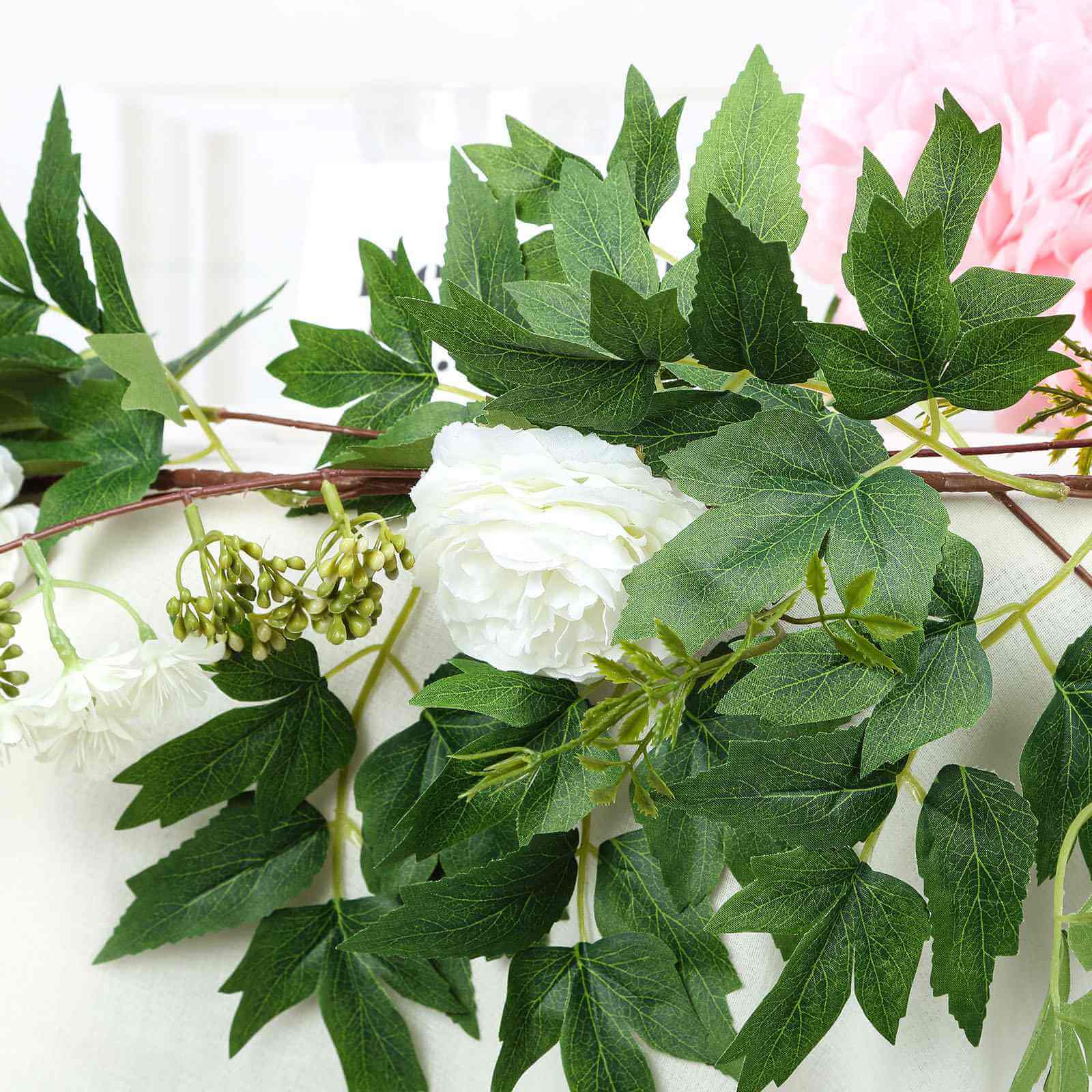 White Artificial Silk Peony/Foliage Hanging Flower Garland Vine 6ft