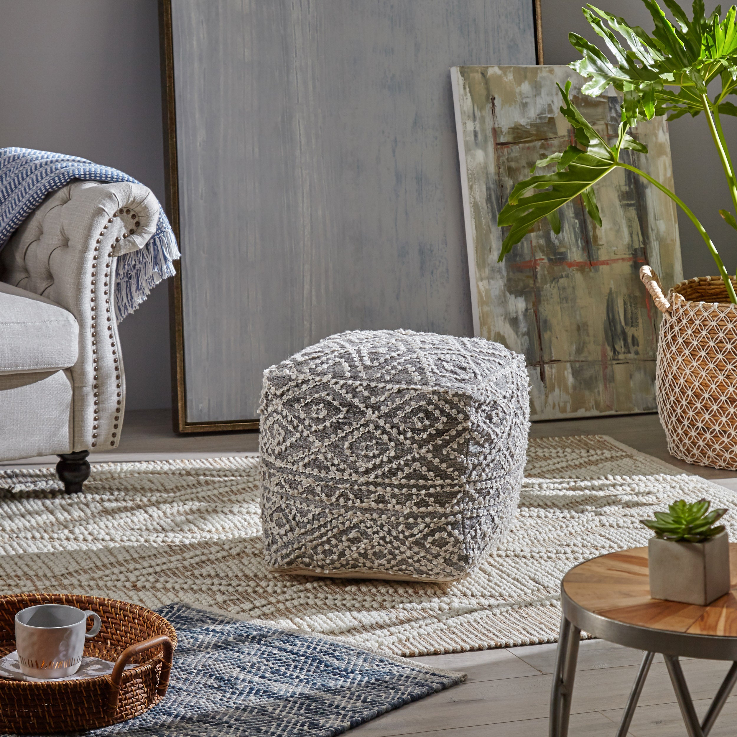 Sylvia Boho Diamond Pattern Wool and Viscose Cube Pouf