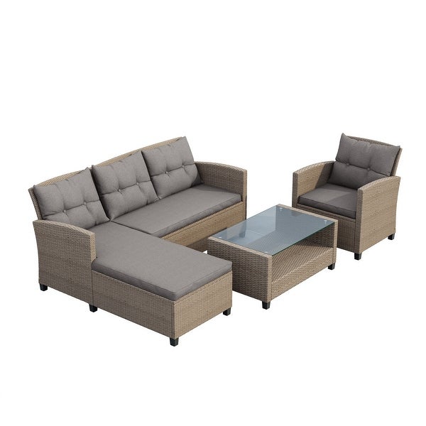 4 Piece Outdoor Patio Furniture Sets， Conversation Set Wicker Ratten Sectional Sofa with Seat Cushions(Beige Brown) - Overstock - 37403557