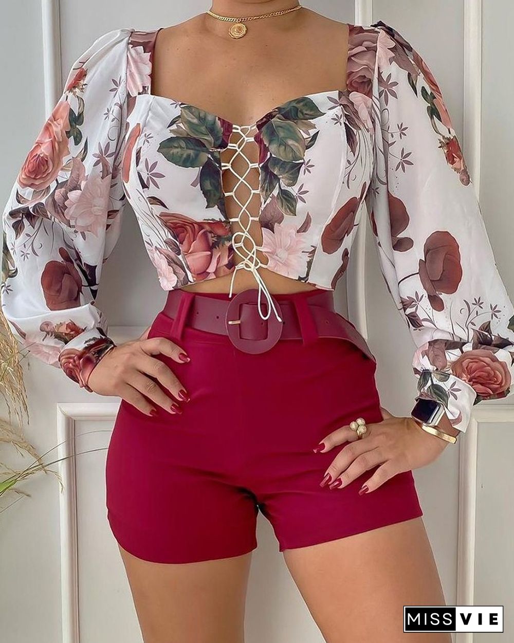 Floral Print Long Sleeve Lace-up Front Crop Top & Shorts Set