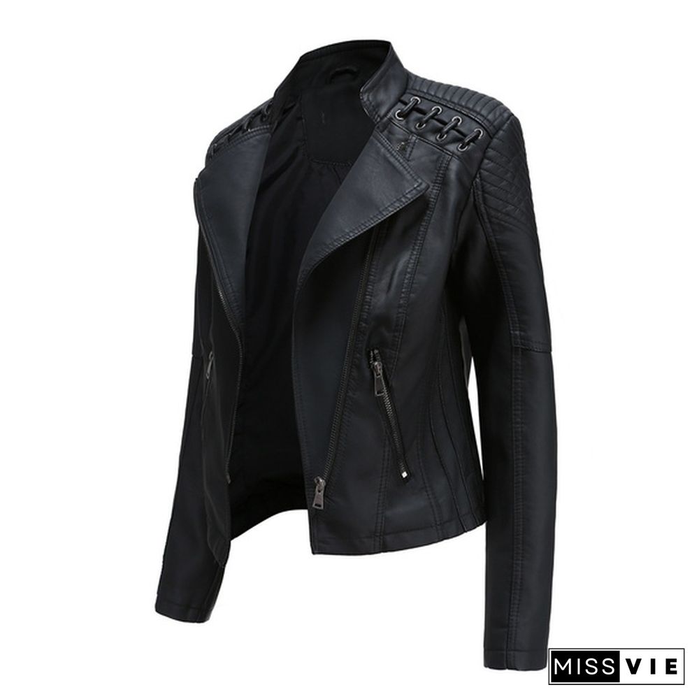 High-quality Fashion Ladies Zipper Casual PU Leather Soft Motorcycle Leather Jacket Coat