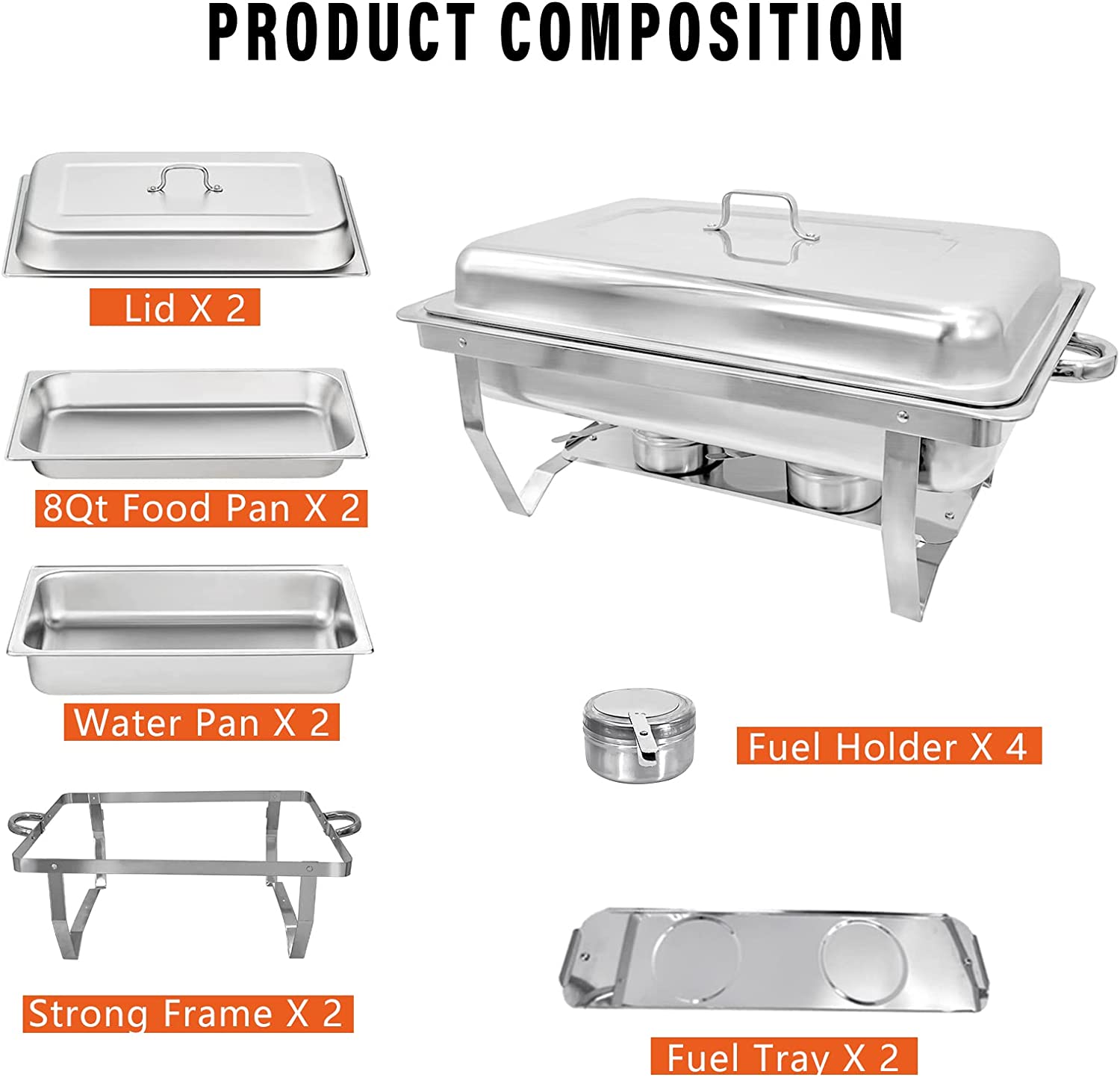 Jacgood Chafing Dish 8Qt Stainless Steel Chafer 2 Packs Full Size Rectangular Chafers for Catering Buffet Warmer Set