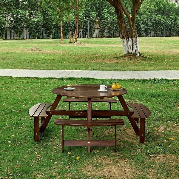 Outdoor round wooden picnic set with umbrella hole (6 persons/8 persons)