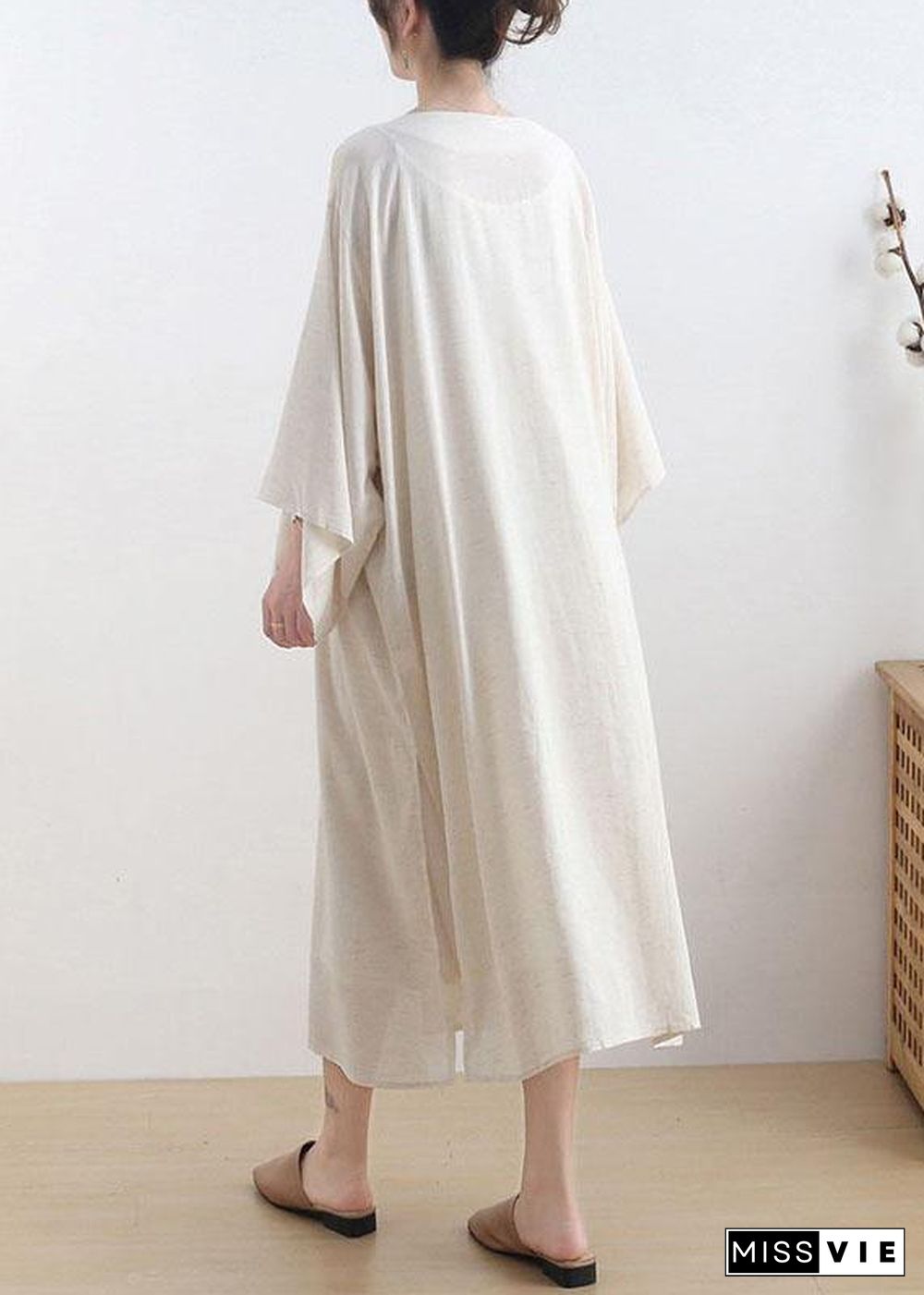 Fashion Beige O-Neck Button Maxi Dresses Fall Cotton Dress