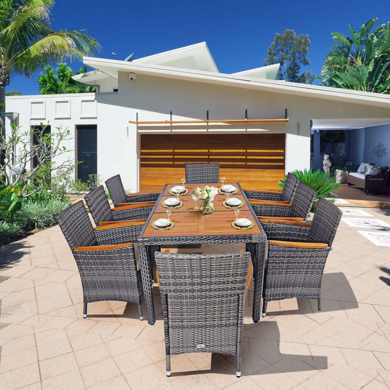 9 Pcs Rattan Patio Dining Set Outdoor Furniture Set with Acacia Wood Table & Cushioned Armchairs