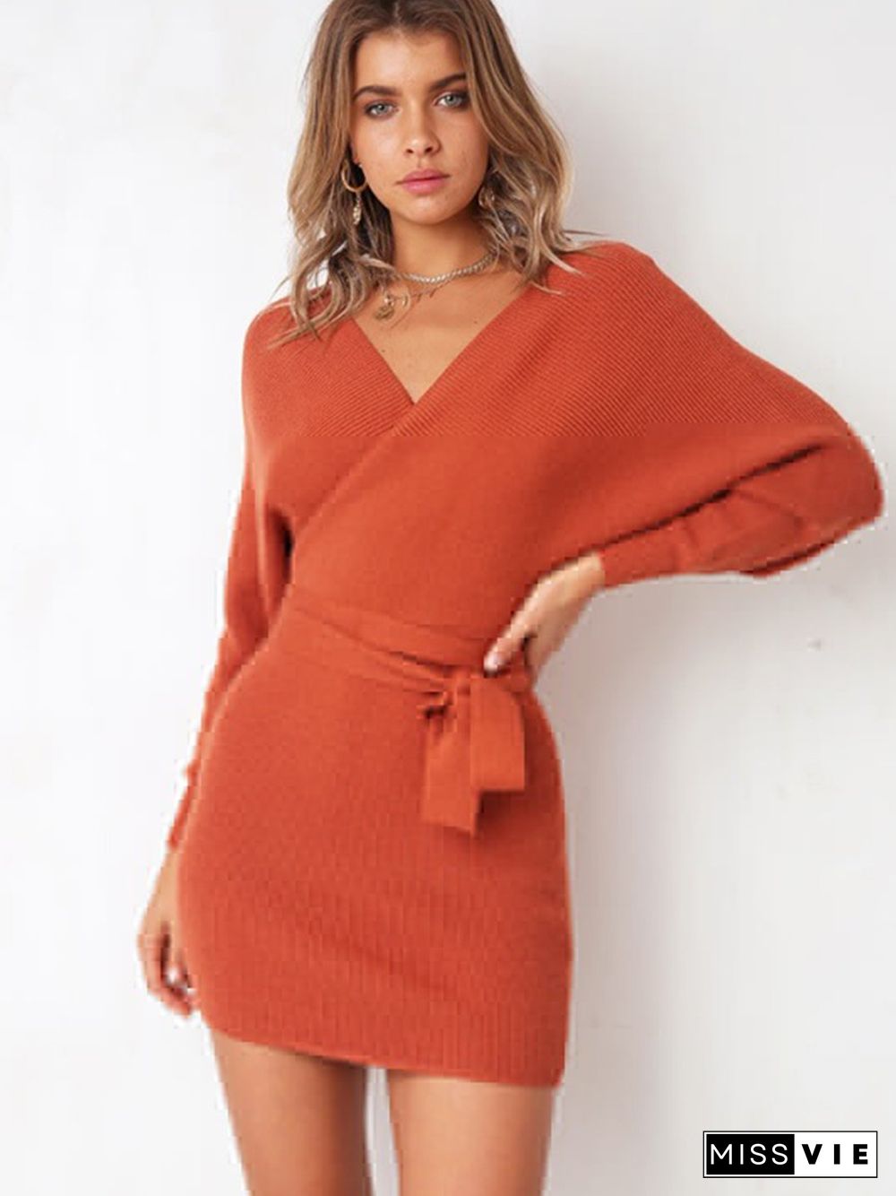 V-Neck Knit Waist Belt Long Sleeves Sweater Dress