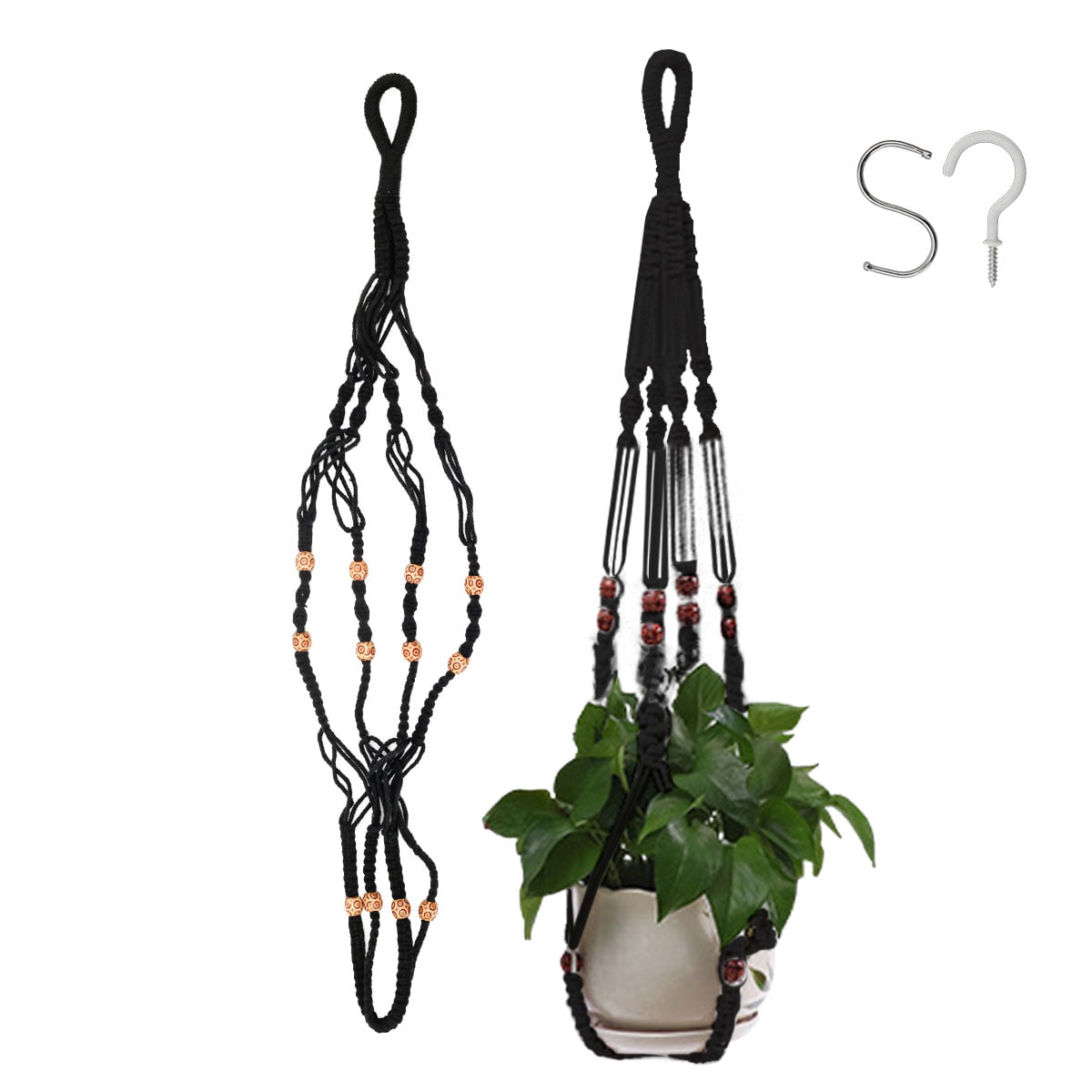 HOTBEST Macrame Plant Hangers and 2 PCS Hook, Indoor Outdoor Handmade Cotton Rope Hanging Planters Set with Wood Beads Decorative Macrame Plant Hanger for Home Decor