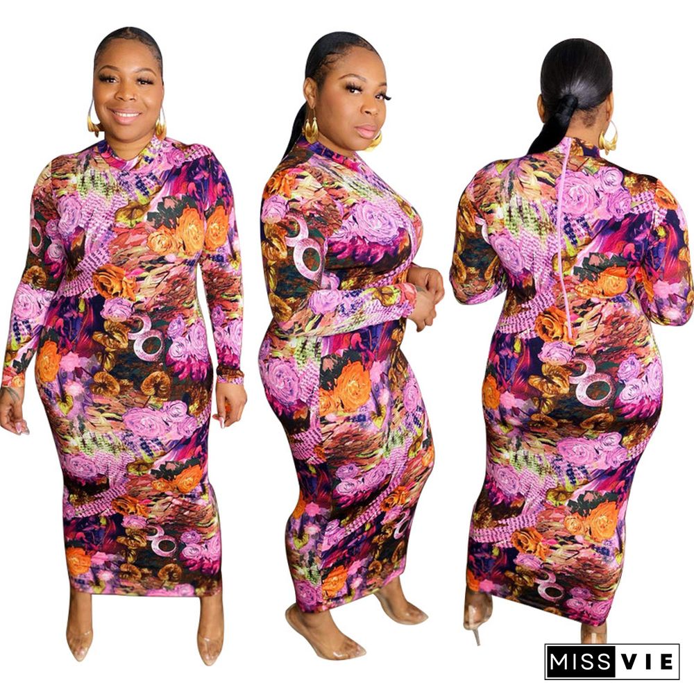 High Waist Print Long Sleeve O Neck Plus Size Dress