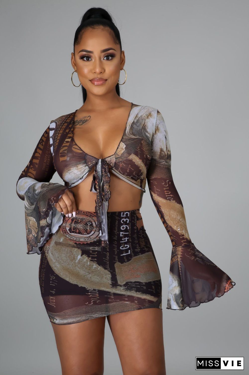 US Money Print Long Sleeve Tie Up Crop Top Mini Skirt Set