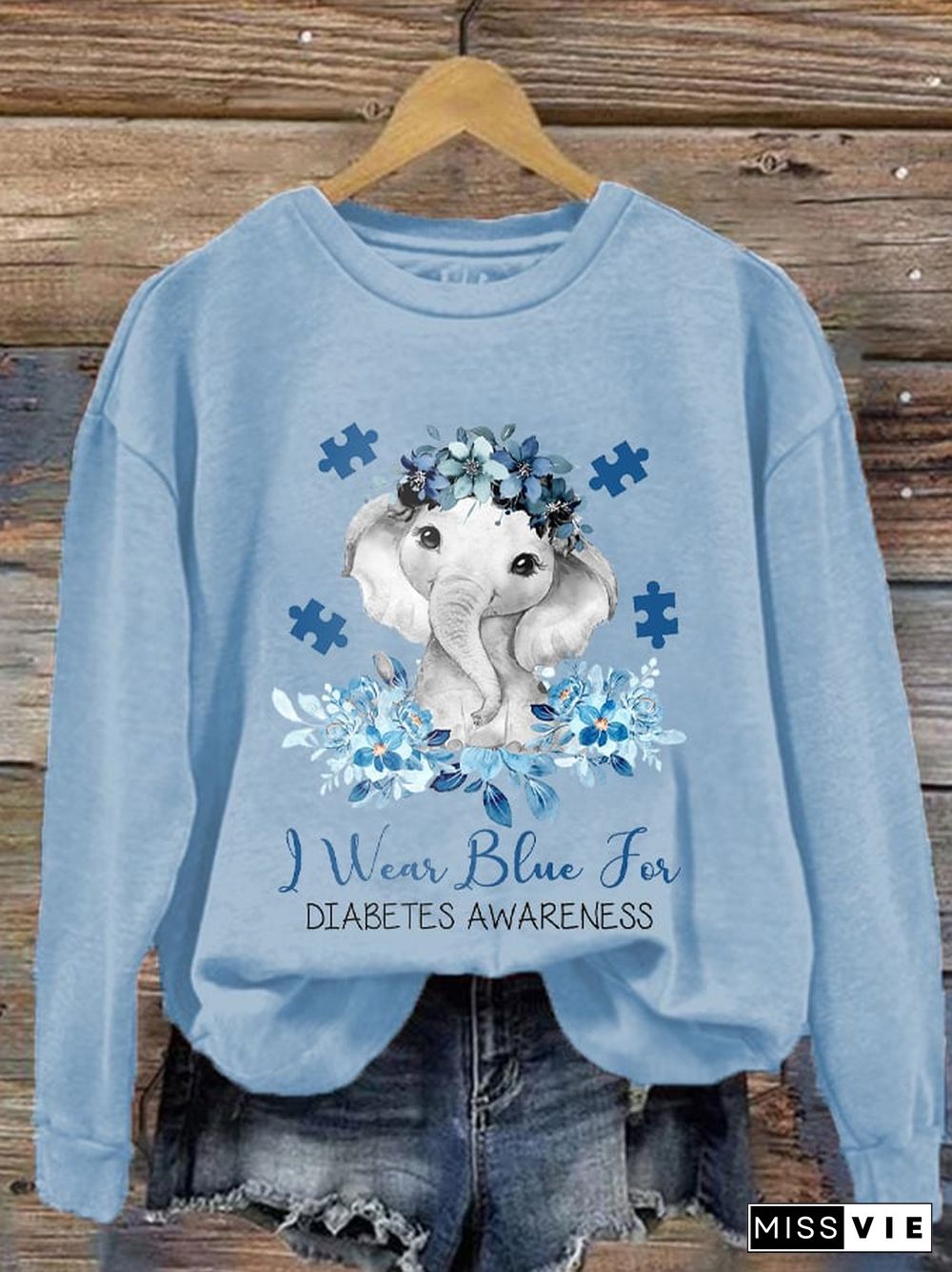 Women's I Wear Blue For Diabetes Awareness Elephant Flower Tree Print Sweatshirt