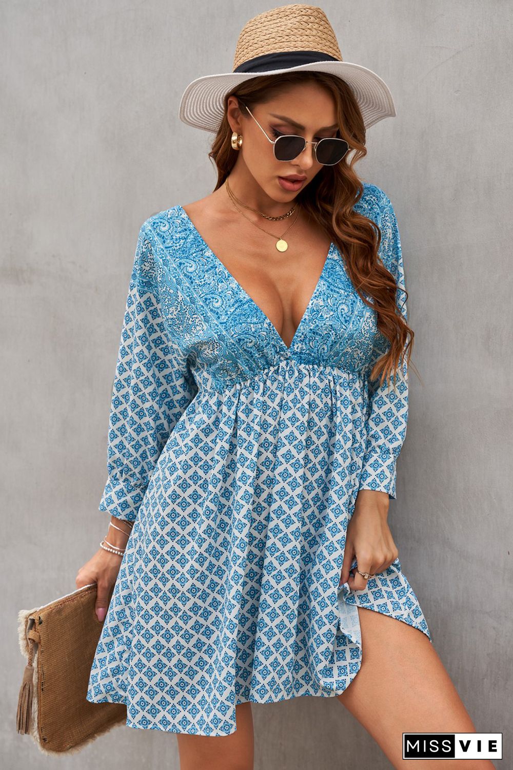 Sky Blue V Neck 3/4 Sleeve Bohemian Vintage Print Mini Dress