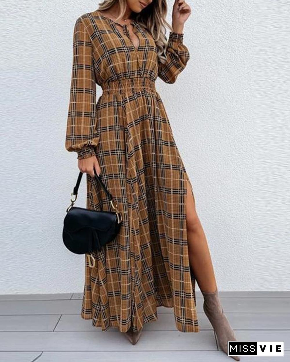 Emprie Waist Plaid Long Sleeve Maxi Dress