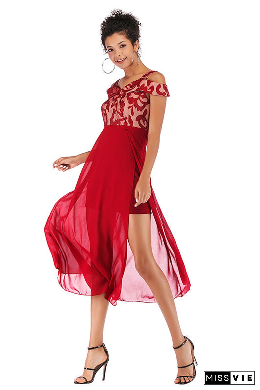 Red Off-the-shoulder Mesh Stitched Chiffon Dress