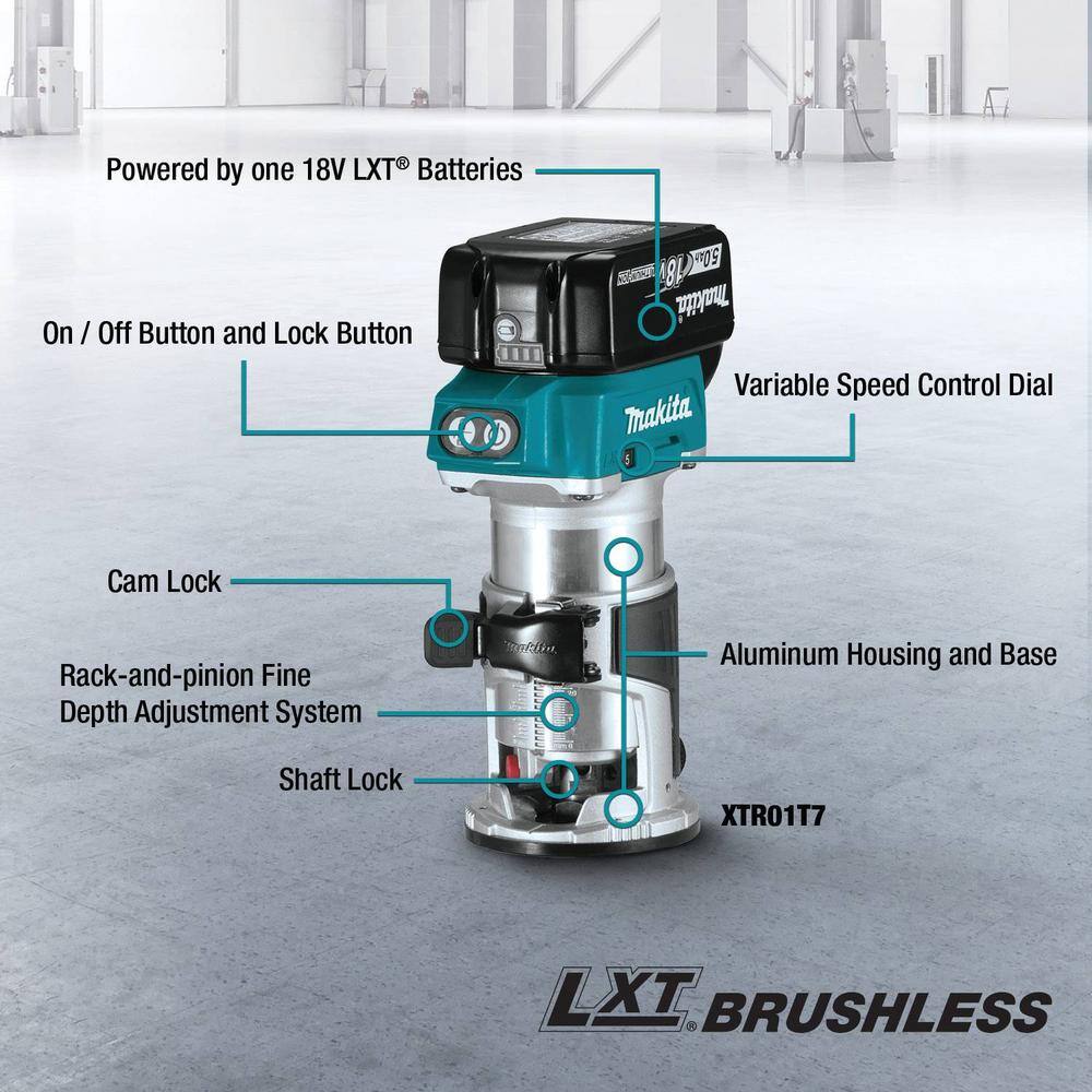 Makita 18V LXT Lithium-Ion Brushless Cordless Compact Router Fixed Base Starter Kit (5.0 Ah) XTR01T8J