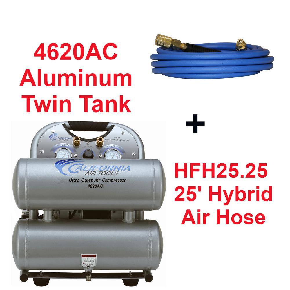 California Air Tools UltraQuiet OilFree 4.6Gal 2Hp 125 PSI Electric Aluminum Twin Air Compressor with 25ft Industrial Quick Connect Hose CAT-4620ACH