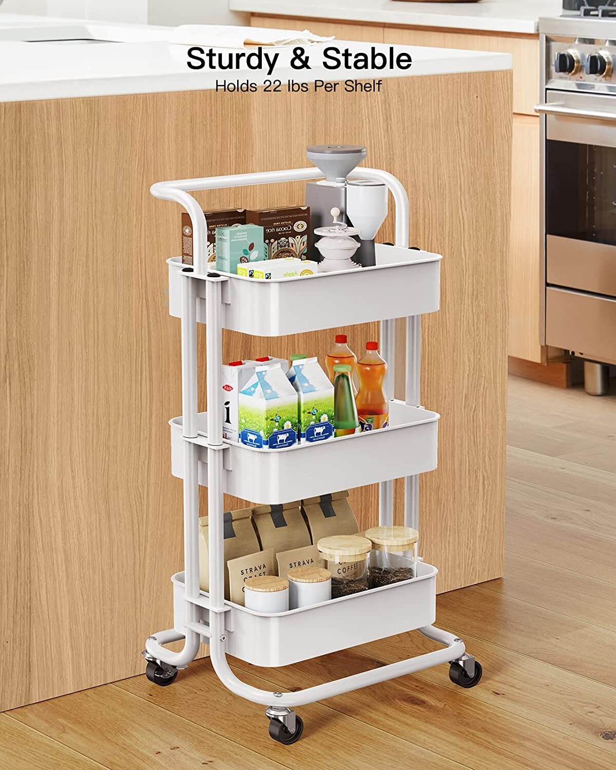 Rolling Utility Cart， 3-Tier Kitchen Organization Cart with Lockable Wheels， Multi-Functional Storage Trolley for Office， Living Room， Kitchen