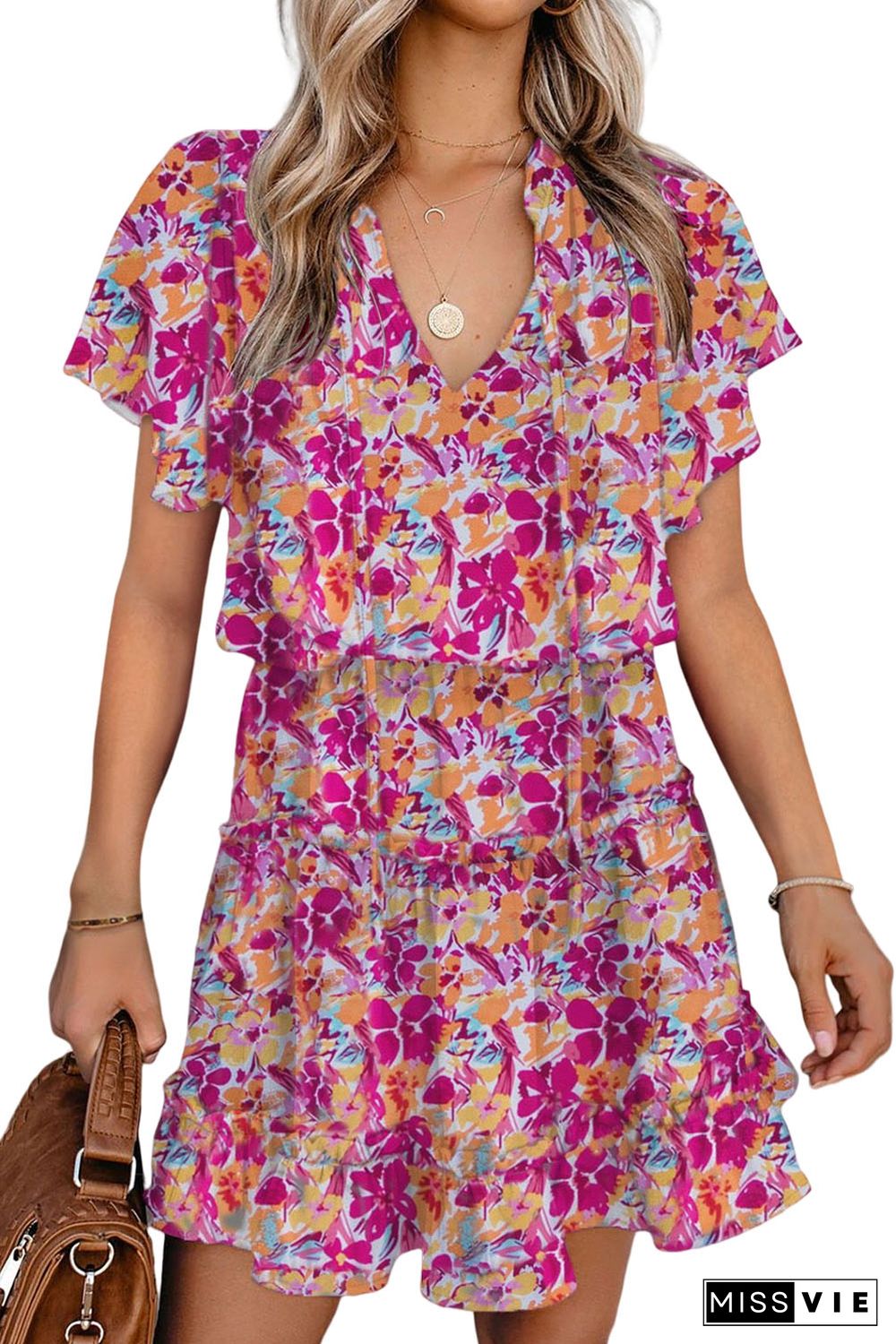 Multicolor Floral Print Tie V Neck Ruffle Mini Dress