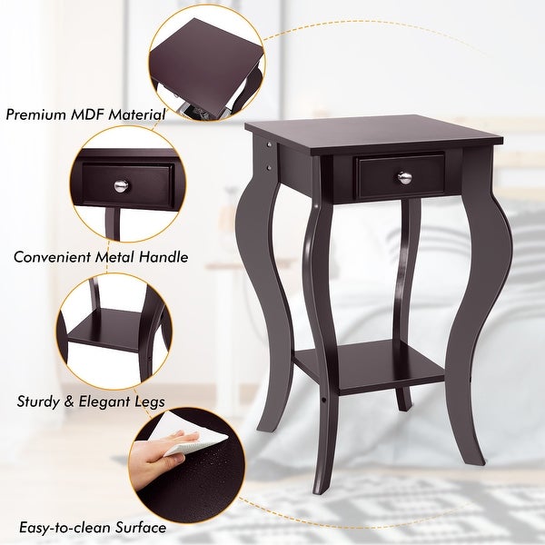 Costway End Side Table with Drawer Bottom Shelf Accent Nightstand - 15''x 15'' x 23.5''