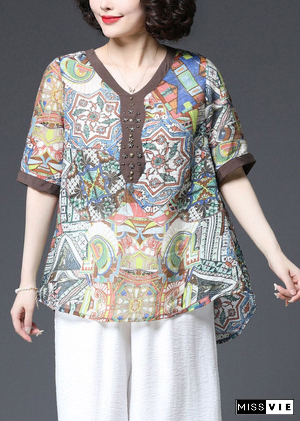 Chocolate Patchwork Loose Cotton Shirt Top Sequined Short Sleeve