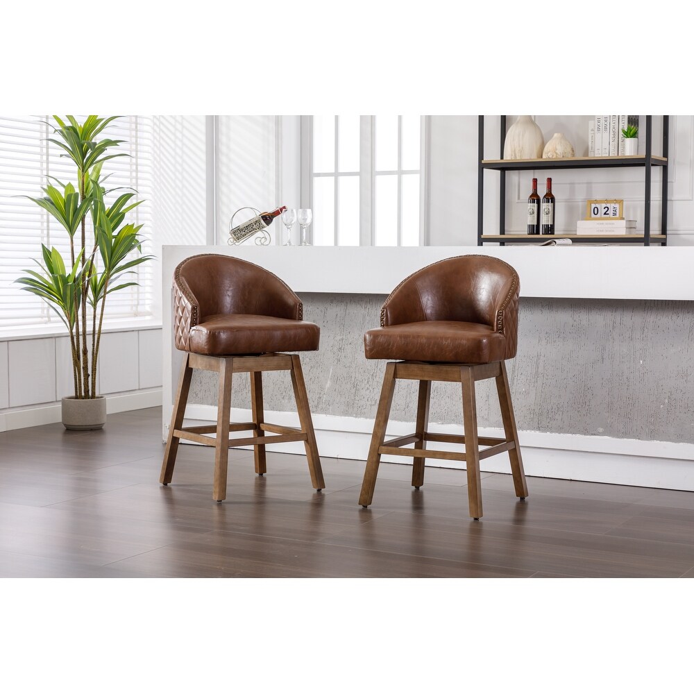 Brown PU Leather Barstools Counter Height Swivel Dining Chair Low Back Bar Chair with Footrest and 4 Wood Legs(Set of 2)