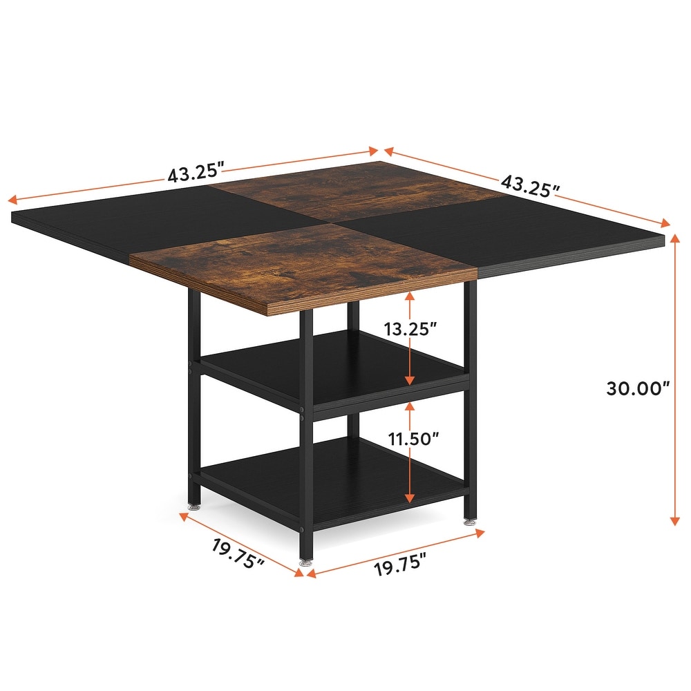 Round Dining Table with Storage Shelves for 4 Metal Legs Wood Table Top for Home Dining Room Living Room  Rustic Brown Black